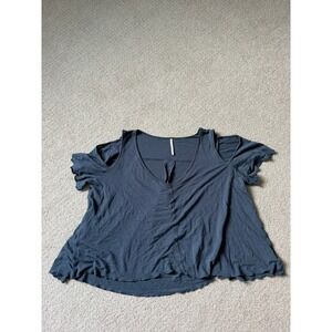 Free People Boho Cold Shoulder Spring Top Size M Charcoal Blue Rayon Linen Blend